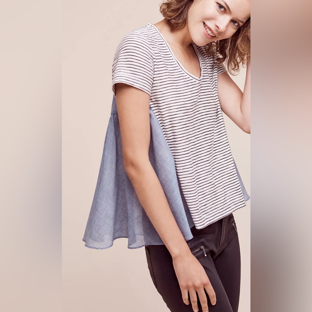 Deletta Women’s Sz S Anthropolgie Blue Striped Contrast Back Babydoll Blouse